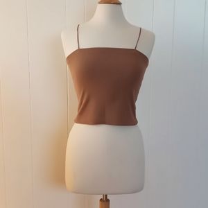 AMERICAN EAGLE RIBBED SPAGHETTI STRAP CROP TOP TANK, SIZE LARGE, CINNAMON COLOR
